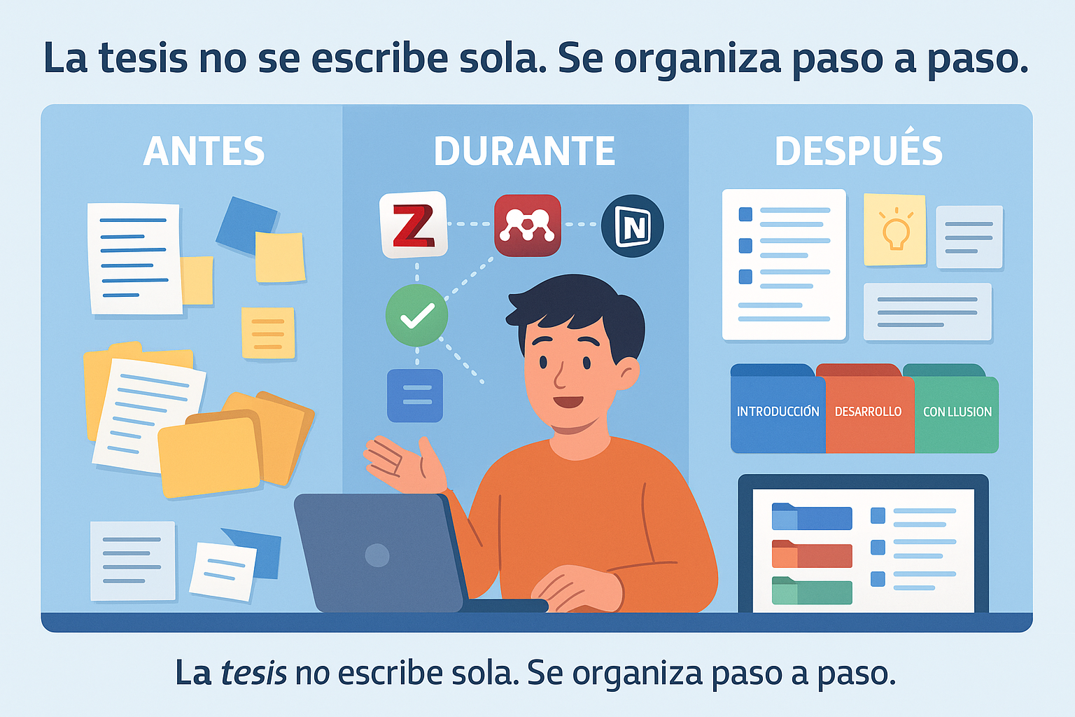Estudiante frente a una pizarra dividida en tres columnas que muestran el paso de desorden a organización mediante el uso de Zotero, Mendeley y Notion.