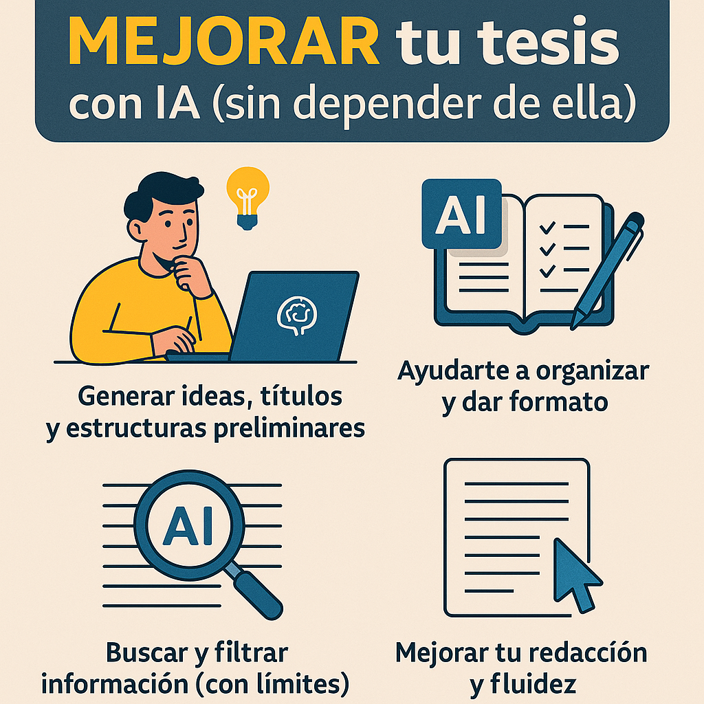 Ilustración en estilo plano que muestra a una estudiante utilizando herramientas digitales de inteligencia artificial para organizar ideas, redactar y buscar información académica de forma estratégica.