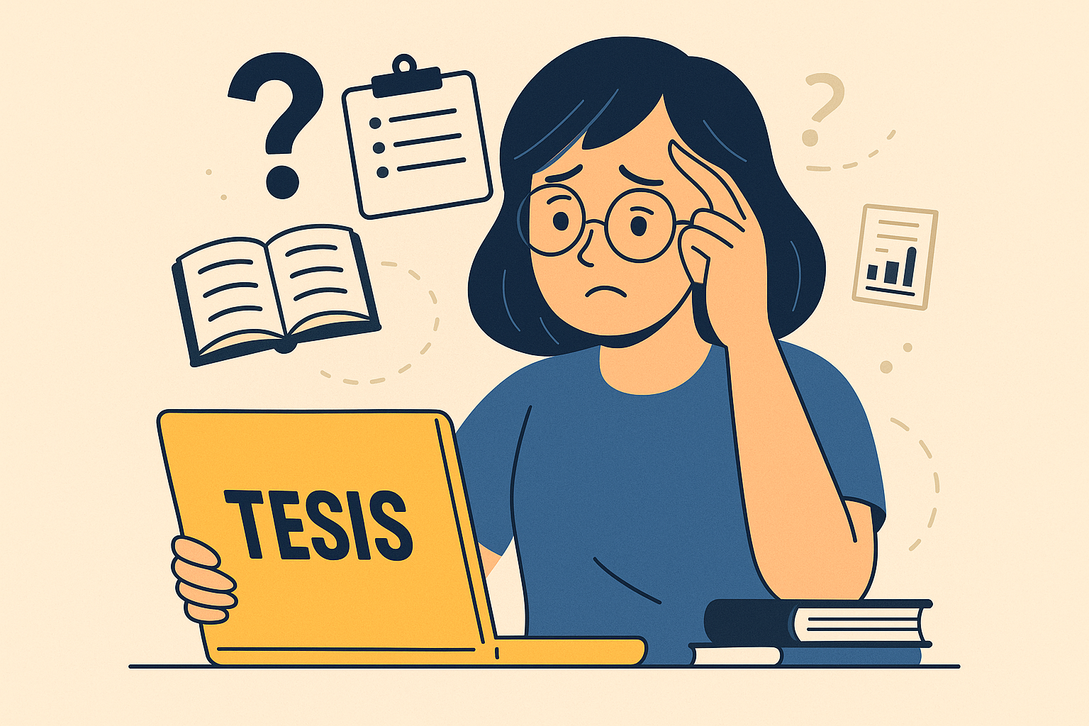 Estudiante con expresión de duda frente a una computadora con la palabra “Tesis”, rodeada de iconos de documentos y signos de interrogación.