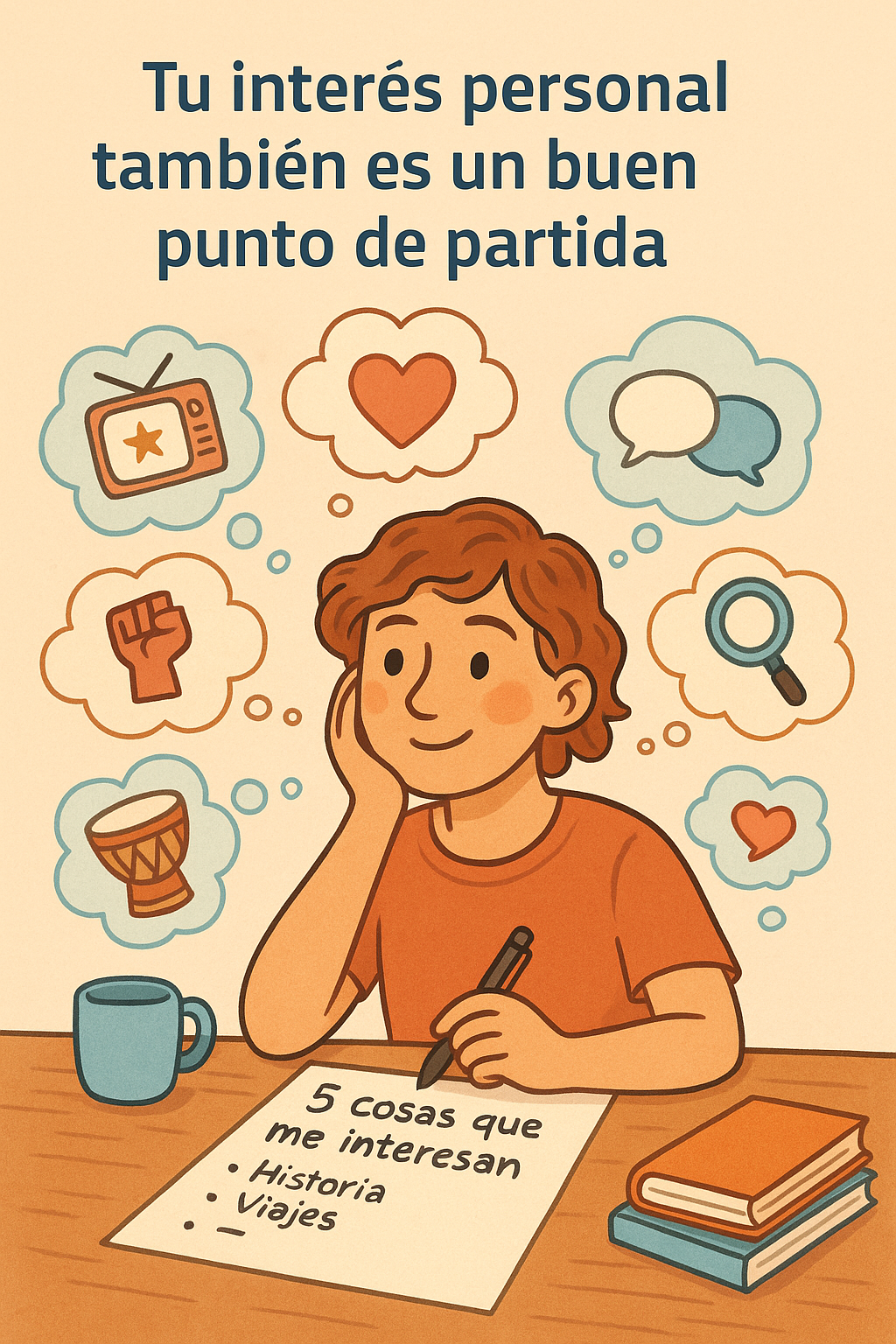 Estudiante escribiendo “5 cosas que me interesan” mientras lo rodean burbujas con símbolos de intereses personales como un corazón, una lupa, una televisión y un tambor.