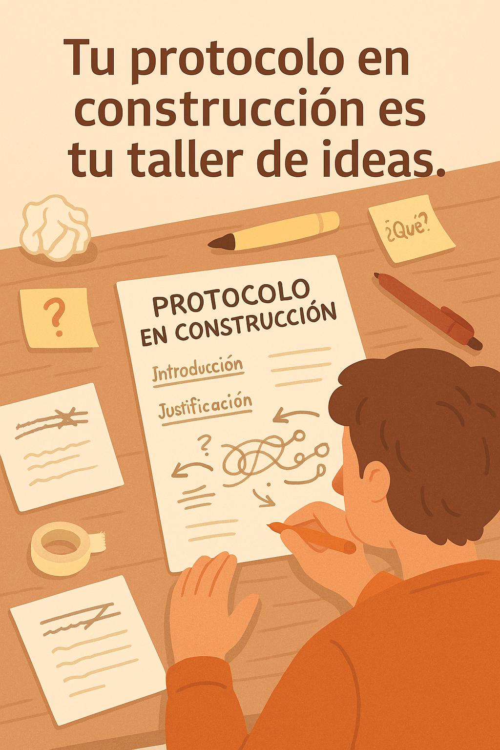 Persona escribiendo en una hoja titulada “Protocolo en construcción” rodeada de papeles tachados, post-its, marcadores y esquemas en borrador.