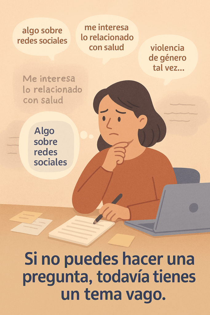 Estudiante con expresión pensativa rodeada de burbujas con frases vagas como “algo sobre redes sociales” y “me interesa lo relacionado con salud”.
