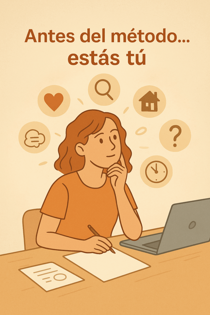 Mujer reflexiva escribiendo frente a su laptop, rodeada de íconos que representan emociones, ideas y contexto personal.
