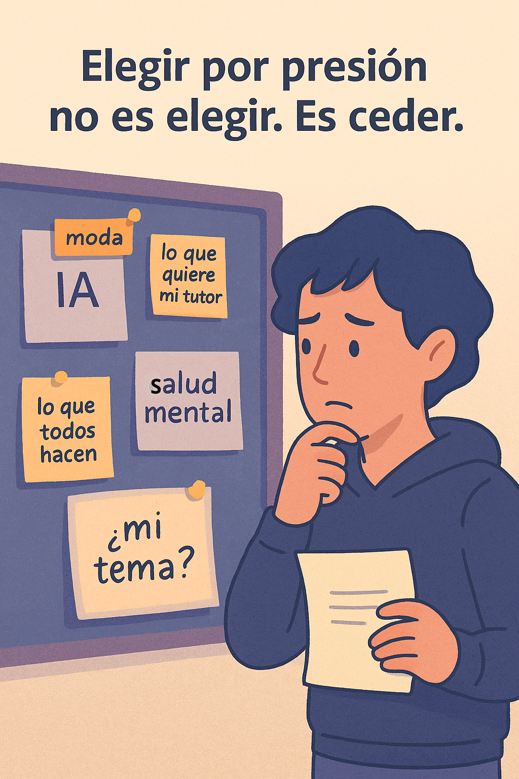 Estudiante pensativo frente a un pizarrón con ideas como “IA”, “salud mental”, “lo que quiere mi tutor”, y una nota aparte con la frase “¿mi tema?”.