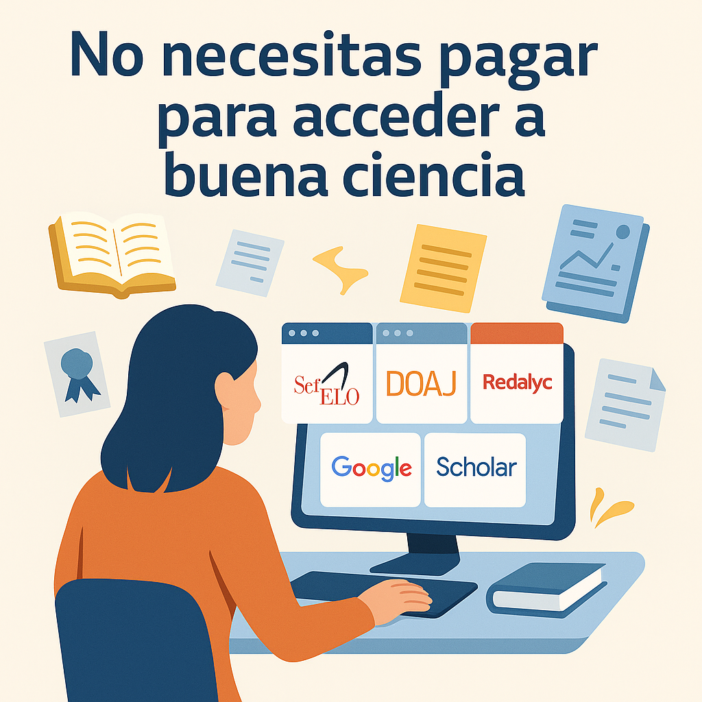 Estudiante frente a una computadora con pestañas abiertas mostrando plataformas académicas de acceso abierto como SciELO, DOAJ, RedALyC y Google Scholar, rodeado de libros y artículos accesibles.