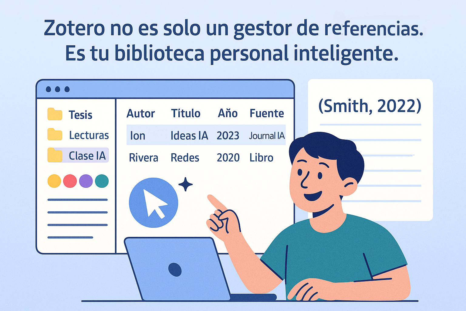 Estudiante utilizando Zotero, con una interfaz organizada por carpetas y etiquetas, generando citas automáticamente en un documento de texto.