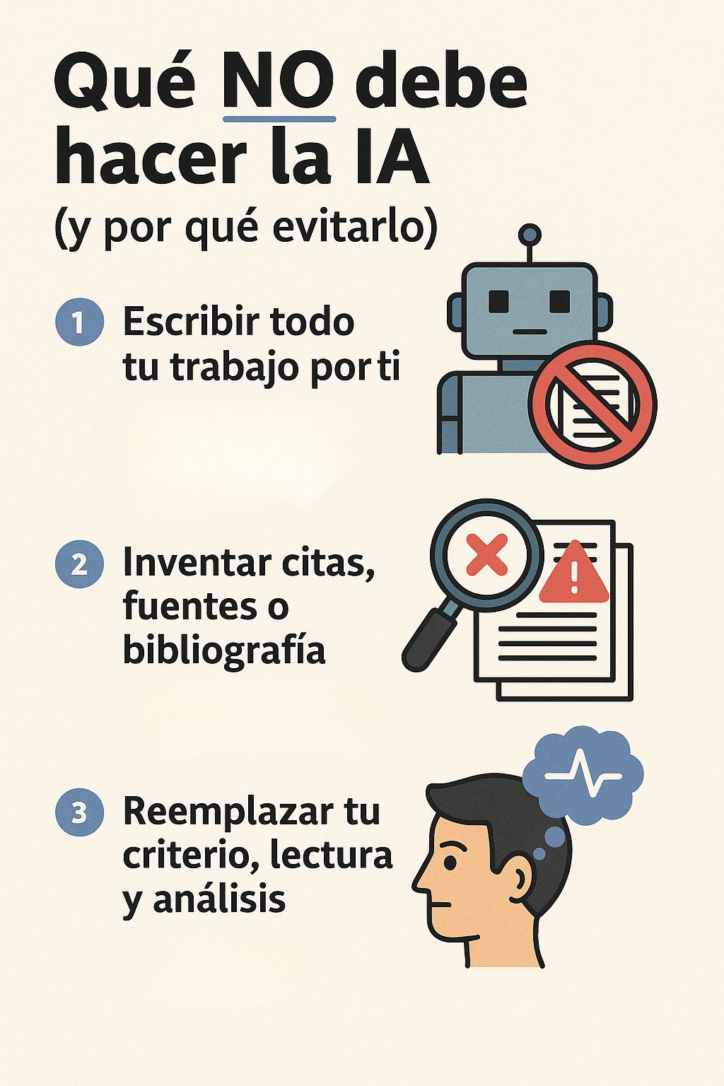 Ilustración digital en estilo infográfico que muestra ejemplos de malos usos de la inteligencia artificial en trabajos académicos, como plagio, citas inventadas y dependencia excesiva.