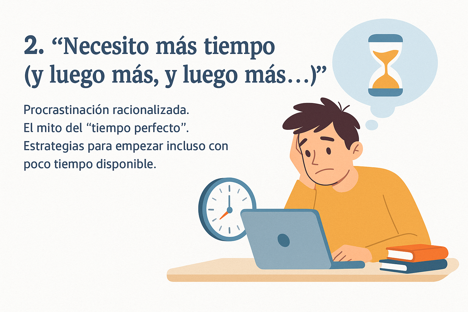 Estudiante frustrado frente a su laptop, con relojes simbolizando la sensación de falta de tiempo.
