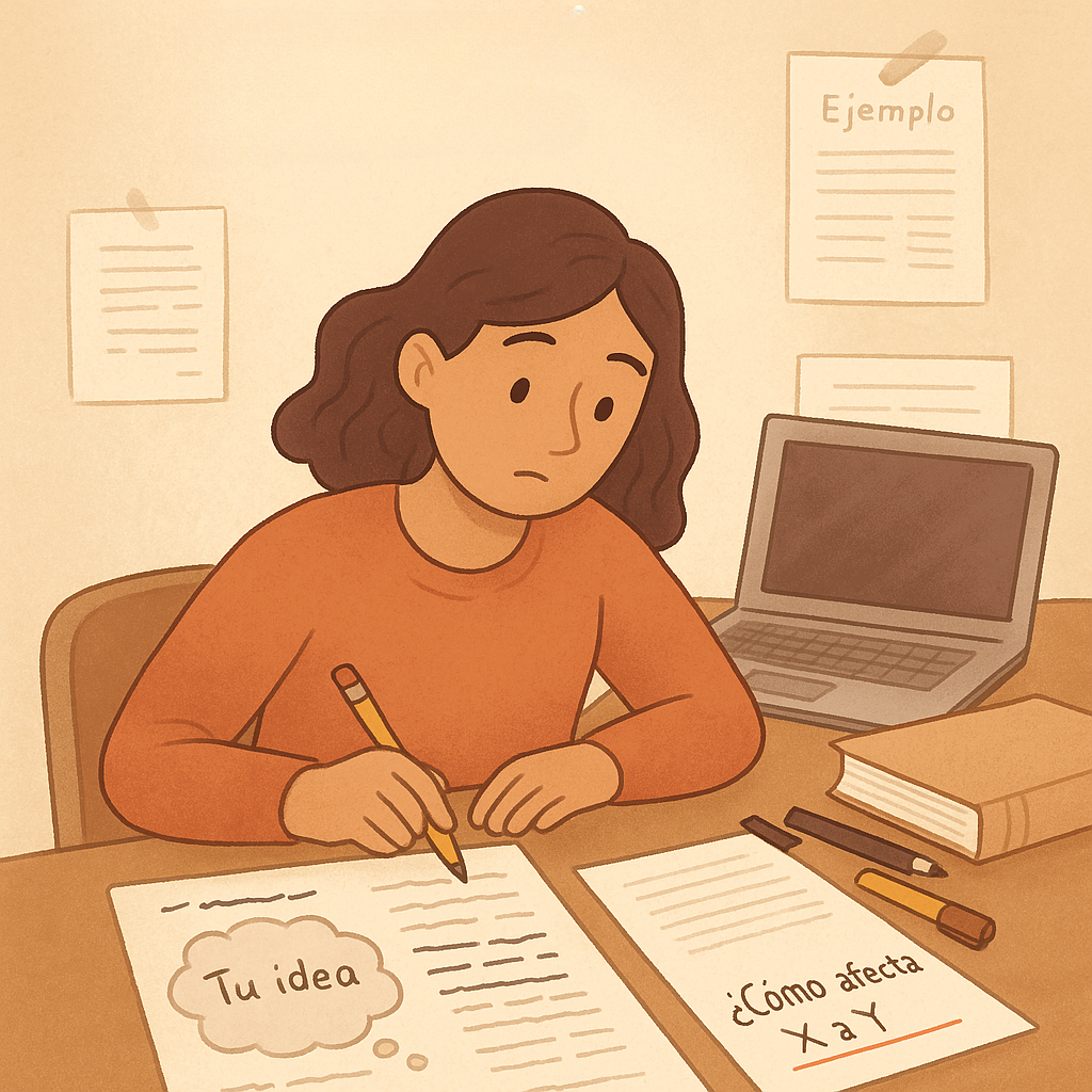 Estudiante transformando una idea general en una pregunta clara de investigación, con lápiz en mano y herramientas de trabajo académico sobre el escritorio.