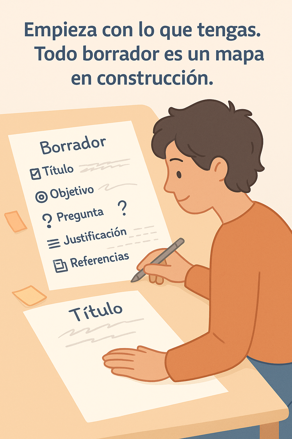 Estudiante escribiendo un borrador dividido en secciones como título, objetivo, pregunta, justificación y referencias, algunas completas y otras en blanco.