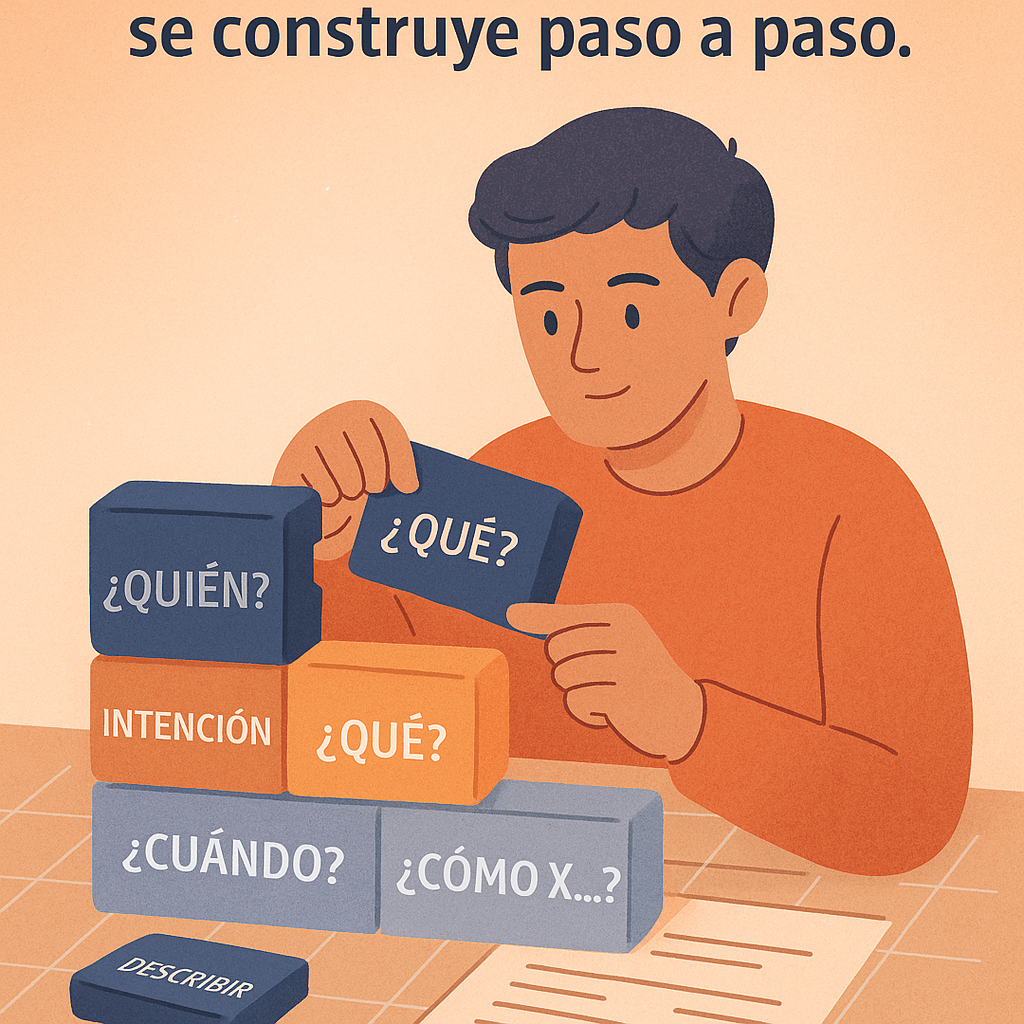 Joven construyendo una pregunta de investigación con bloques que incluyen palabras como “¿Quién?”, “¿Qué?”, “¿Dónde?”, “¿Cómo?”, “Intención” y “Describir”.