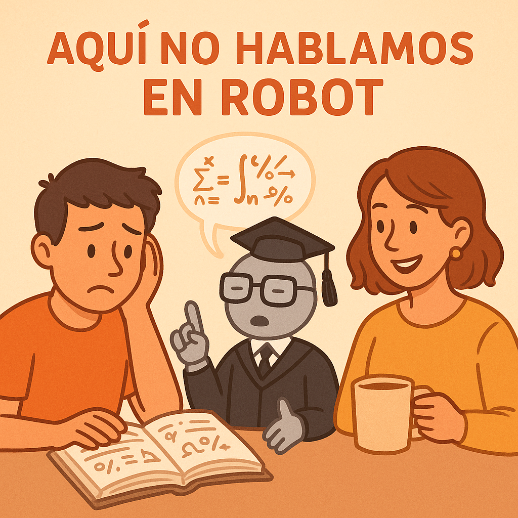 Joven confundido leyendo un libro con símbolos complejos, un robot académico explicando con jerga y una mujer sonriente ofreciendo una explicación clara.