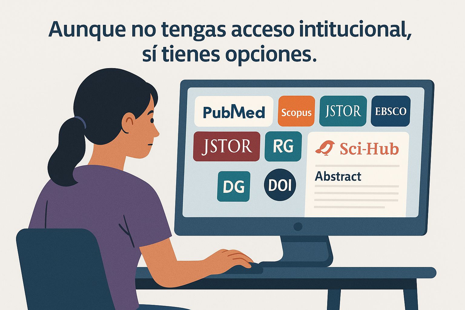 Estudiante frente a una pantalla con bases de datos académicas como PubMed, Scopus, JSTOR y EBSCO, junto a opciones como ResearchGate, Sci-Hub, DOI y resúmenes de artículos.