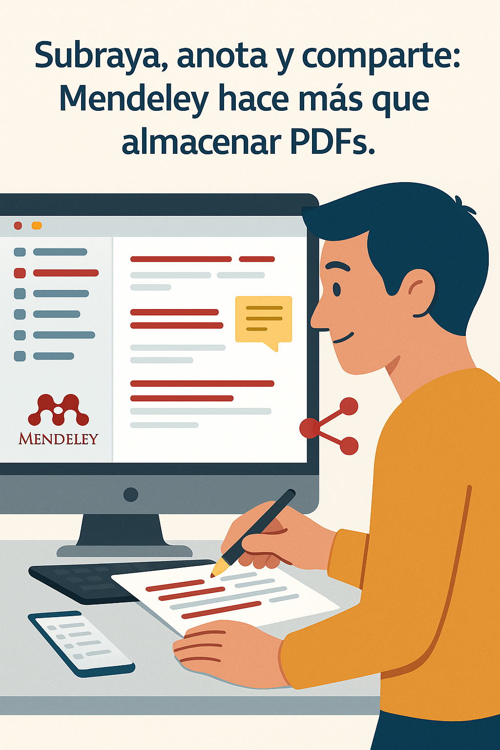 Estudiante utilizando Mendeley con un artículo abierto, fragmentos subrayados, notas al margen y opciones de compartir visibles en pantalla.