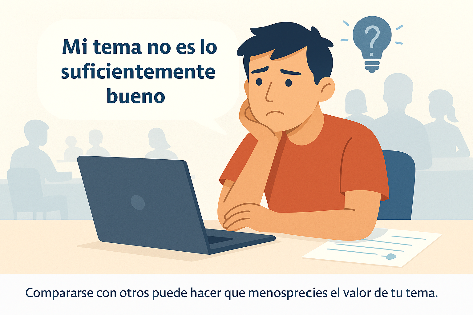 Estudiante pensativo frente a su laptop, dudando sobre la validez de su tema de tesis mientras observa a otros.