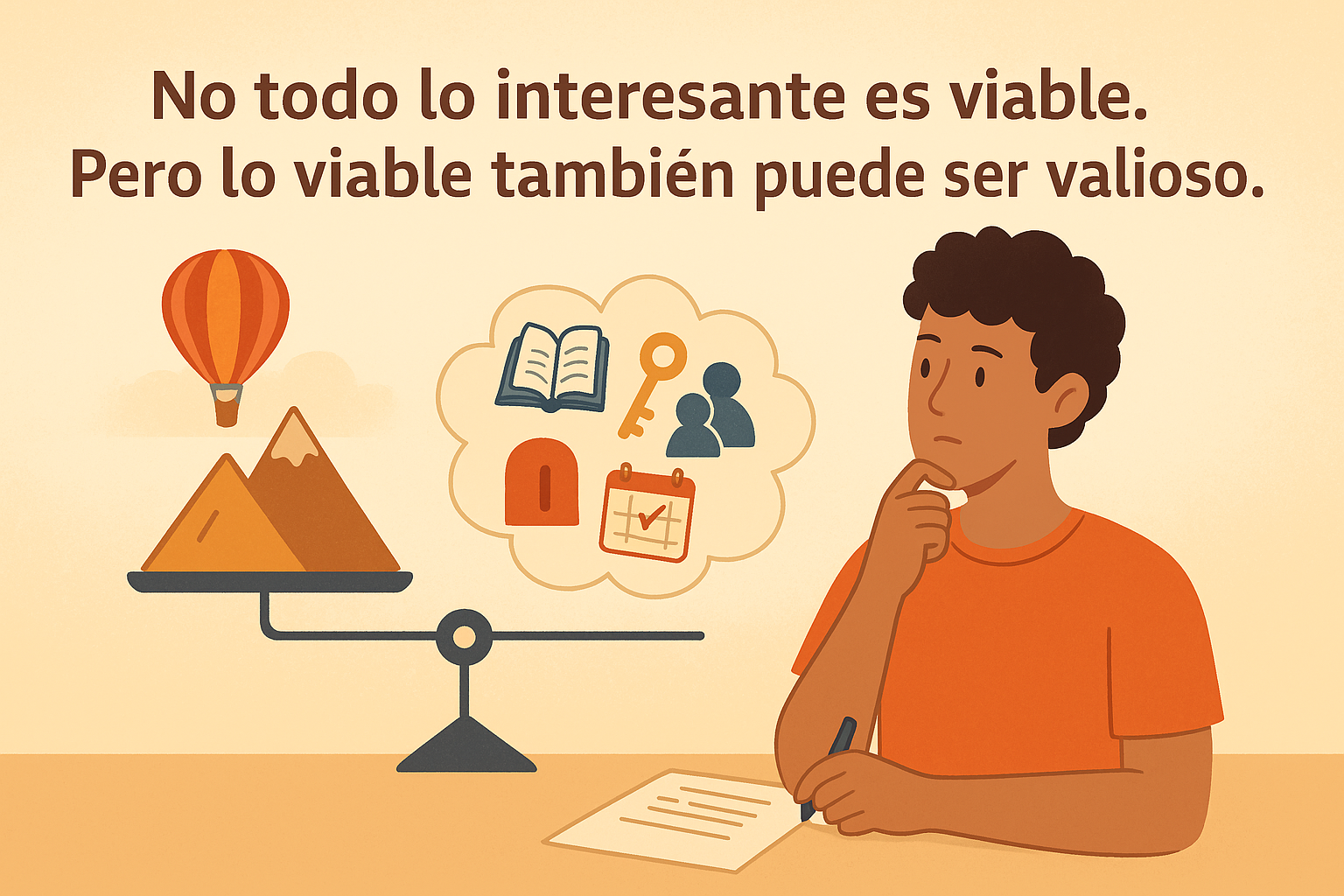 Joven reflexionando frente a una balanza que compara ideas inalcanzables con elementos concretos como llaves, calendario y libros.