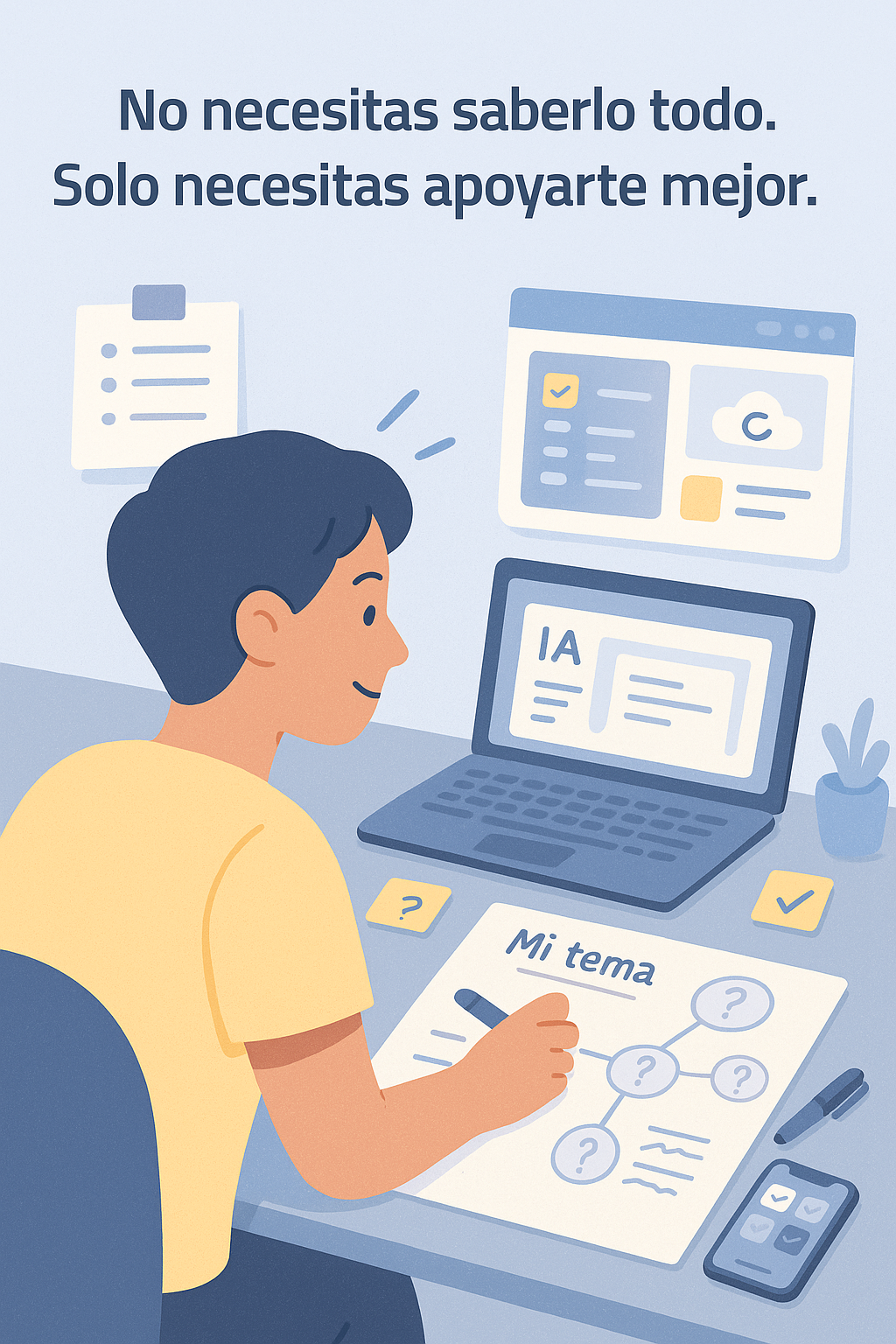 Estudiante rodeado de herramientas digitales como IA, mapas mentales y plataformas de organización mientras trabaja en su proyecto.