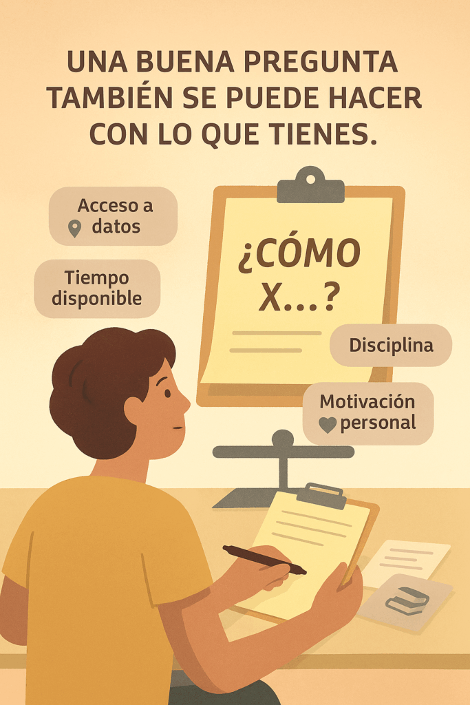 Estudiante observando una hoja con una pregunta de investigación, rodeada de etiquetas que dicen: “Acceso a datos”, “Tiempo disponible”, “Disciplina” y “Motivación personal”.