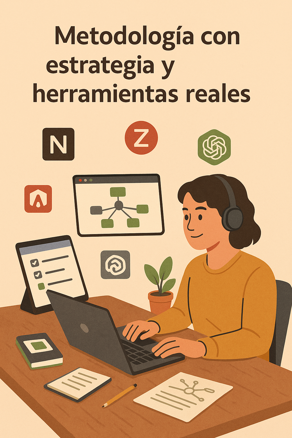 Persona trabajando en laptop rodeada de herramientas digitales como mapas mentales, listas y plataformas de apoyo académico.