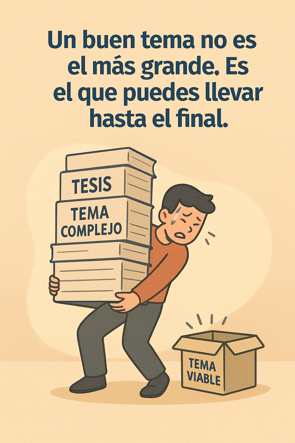 Estudiante esforzándose por cargar una pila de libros marcada como “Tesis – Tema complejo”, mientras cerca hay una caja más pequeña con la etiqueta “Tema viable”.