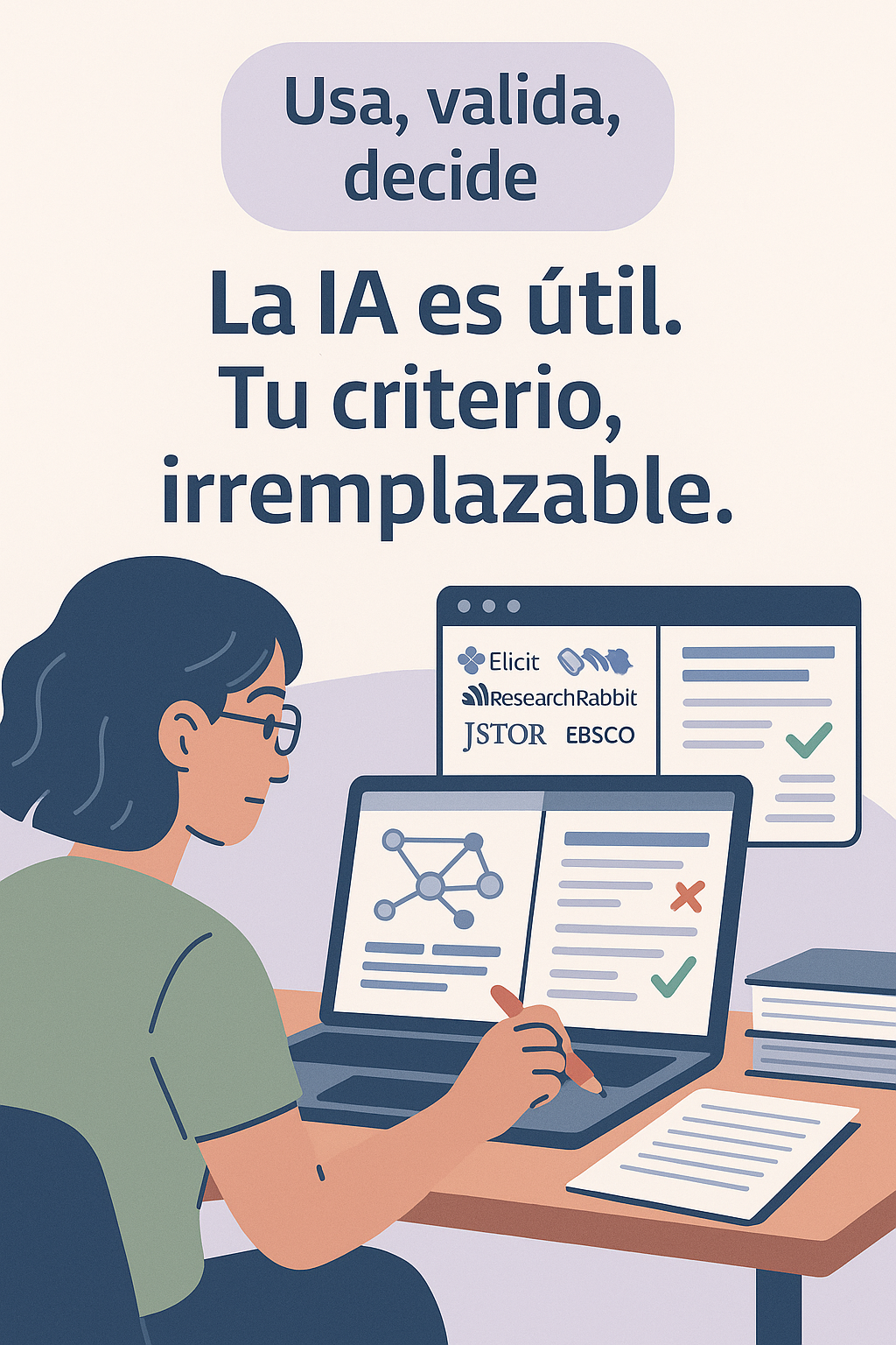 Estudiante analizando información generada por IA con herramientas como Elicit y ResearchRabbit, validando con su propio criterio si los resultados son confiables o no.