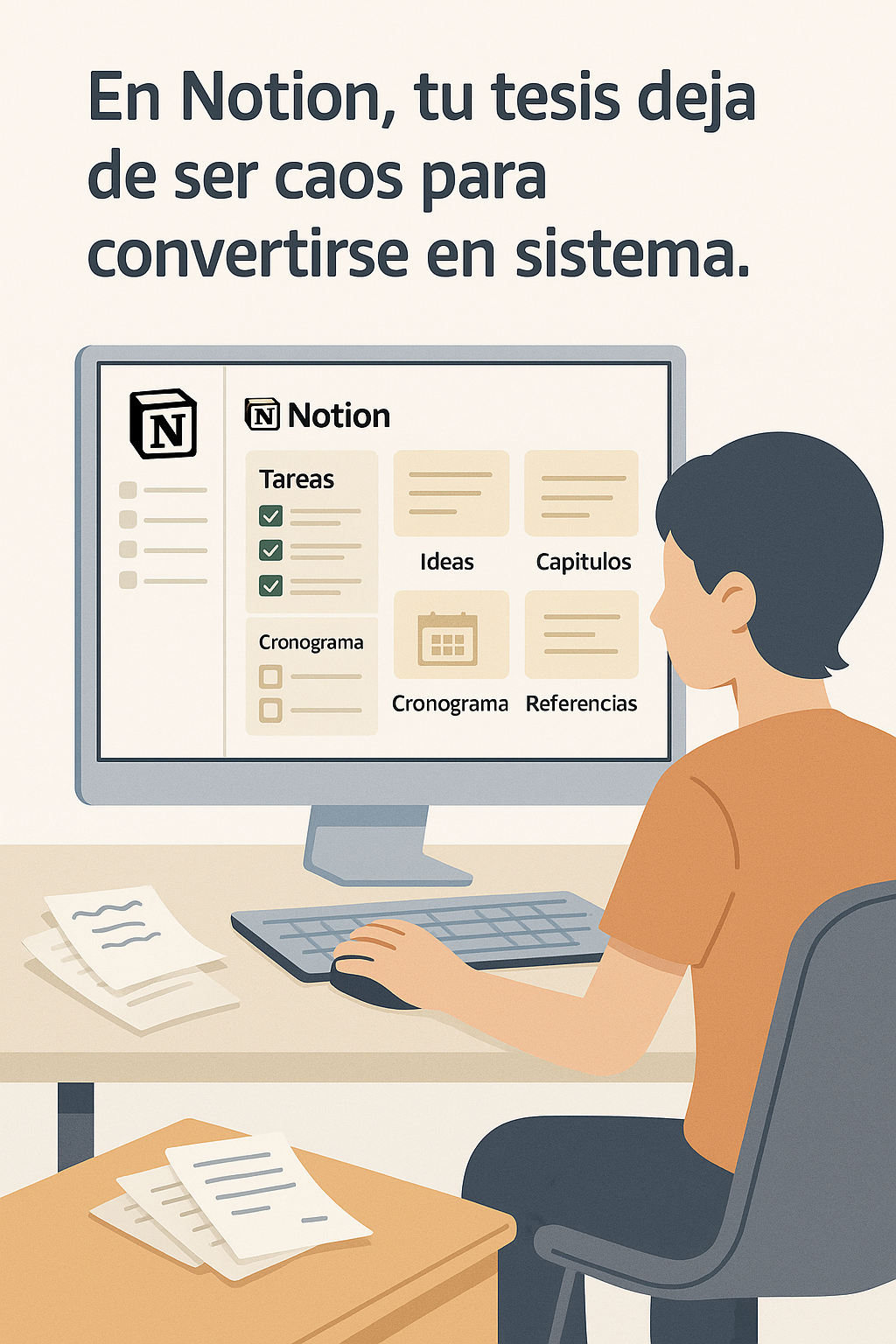 Estudiante organizando su tesis con Notion, en una pantalla con secciones visibles como tareas, ideas, capítulos, cronograma y referencias, mientras deja atrás papeles sueltos.