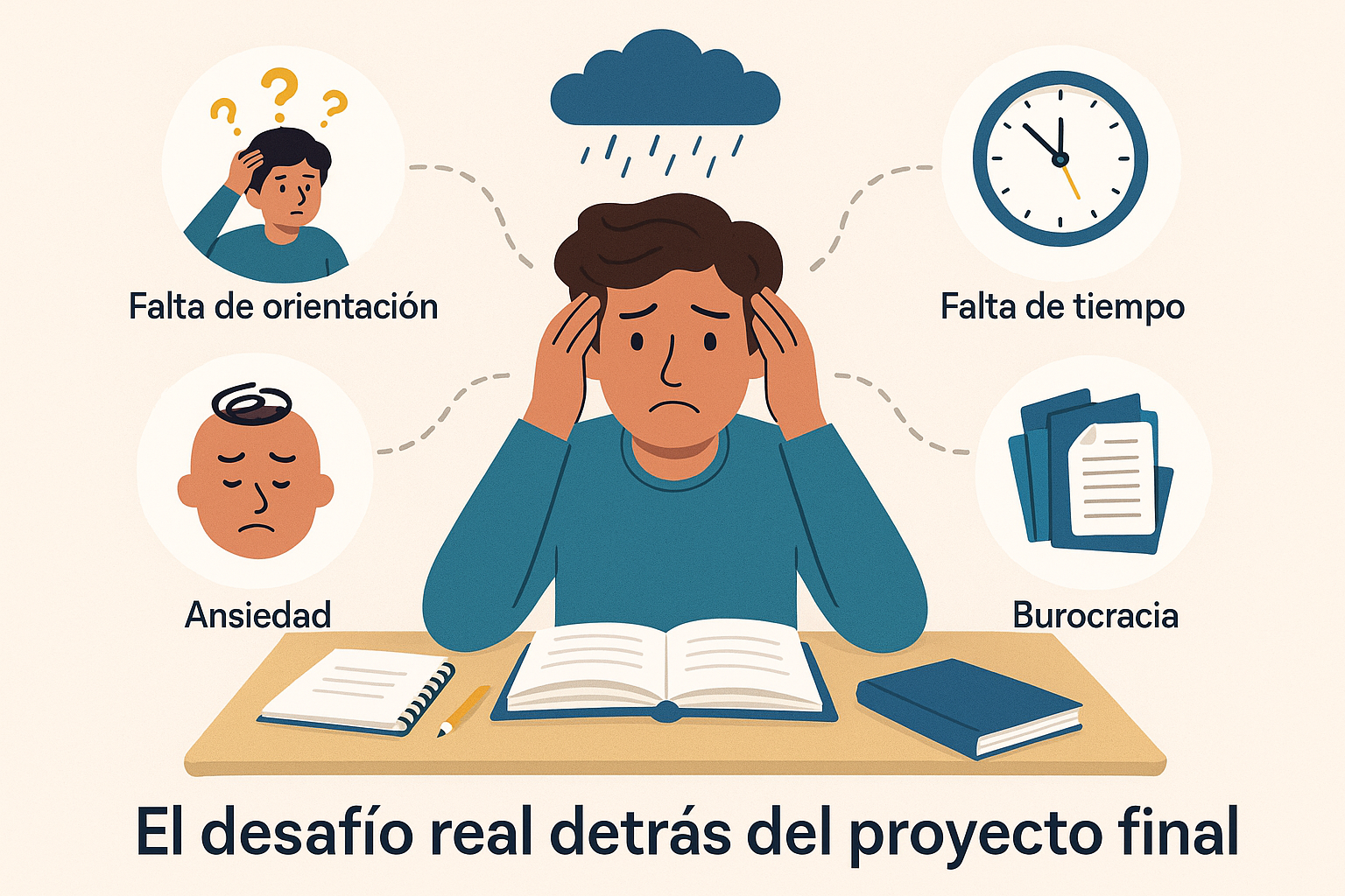 Estudiante angustiado frente a su escritorio, rodeado de símbolos que representan estrés, falta de orientación, tiempo limitado, ansiedad y burocracia institucional.