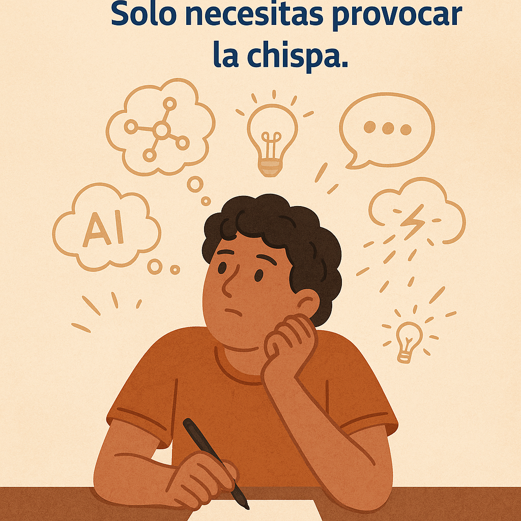 Estudiante pensativo frente a una hoja en blanco, con burbujas de ideas emergentes como IA, lluvia de ideas, bombilla y mapa mental.