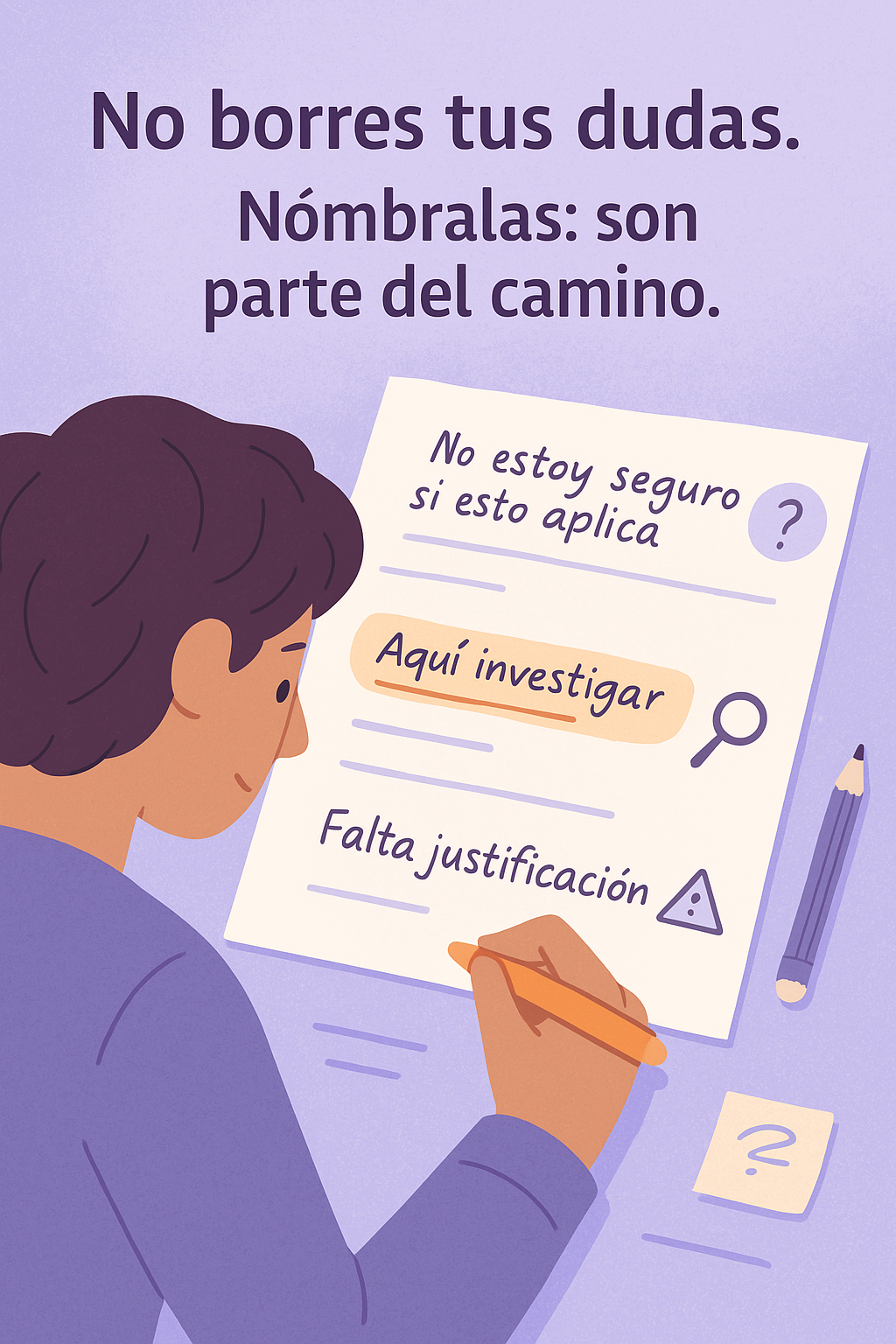 Persona subrayando con marcador notas como “Aquí investigar más” en una hoja con observaciones manuscritas sobre su proyecto académico.