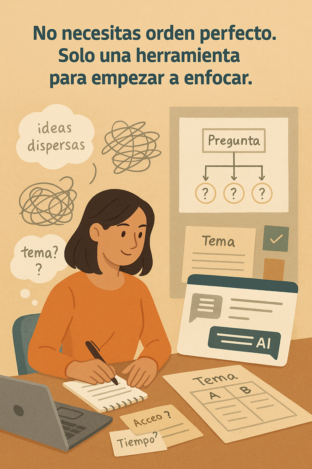 Estudiante escribiendo en su cuaderno mientras organiza ideas dispersas con herramientas como IA, árbol de preguntas y una tabla comparativa de temas.
