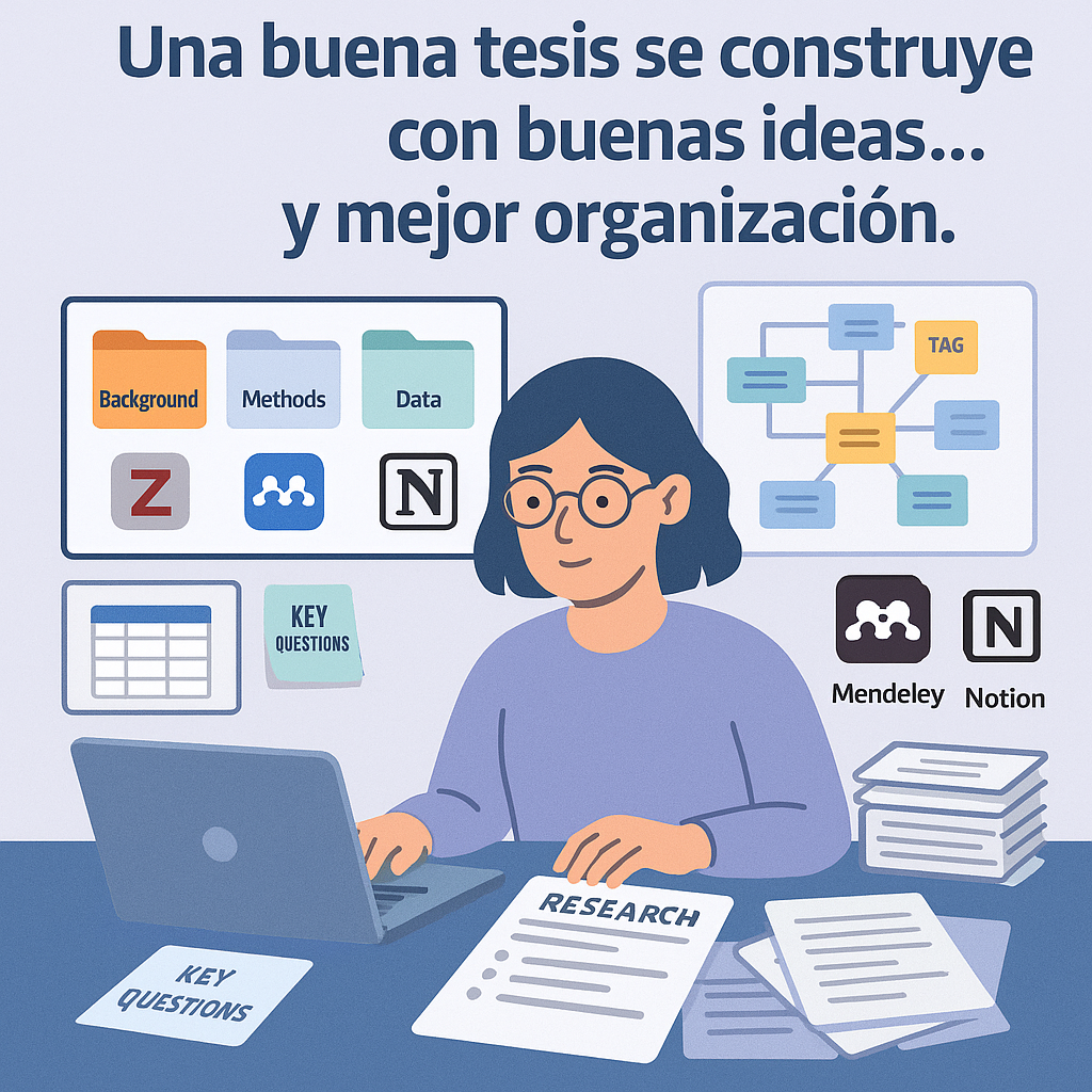 Estudiante organizando sus fuentes con herramientas como Zotero, Notion, y Google Sheets, rodeado de carpetas digitales rotuladas, notas y esquemas de conexión temática.