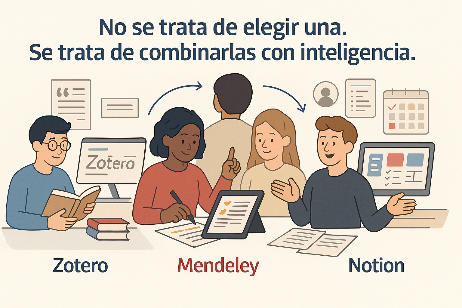 Cuatro estudiantes organizando su trabajo académico con distintas herramientas: uno con Zotero rodeado de citas y libros; otro con Mendeley, resaltando y compartiendo PDFs; otro con Notion y esquemas visuales; y uno central conectando todas las herramientas.