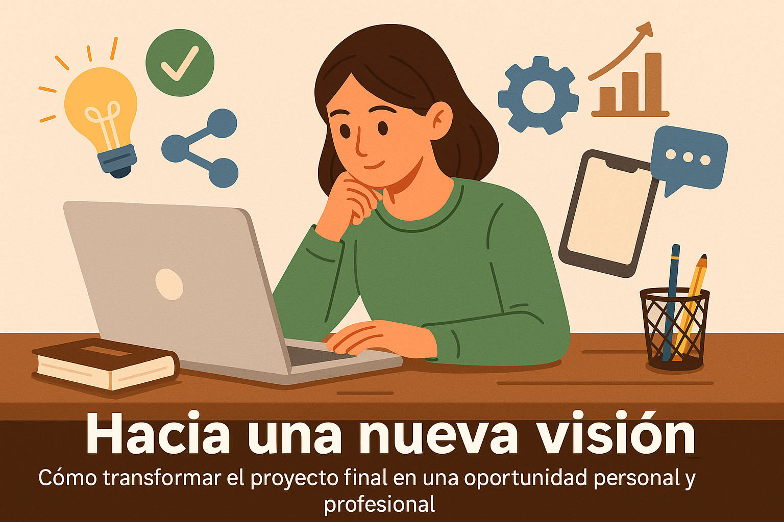 Estudiante reflexiva frente a su computadora, rodeada de íconos de creatividad, productividad y organización.