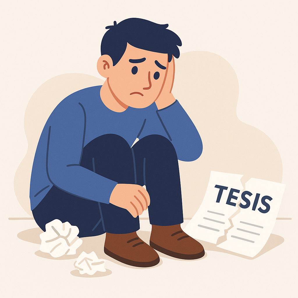 Estudiante desmotivado mirando una hoja arrugada con la palabra “tesis”, simbolizando intentos previos fallidos.