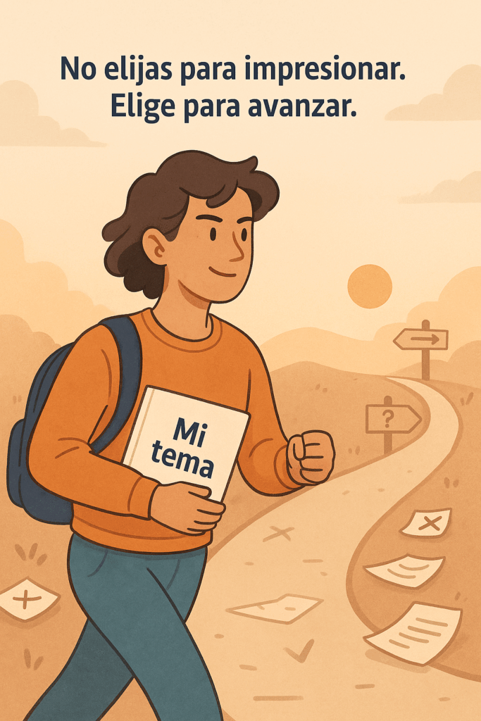 Joven avanzando por un sendero con una carpeta que dice “Mi tema”, mientras deja atrás hojas tachadas y camina con decisión hacia un nuevo rumbo.