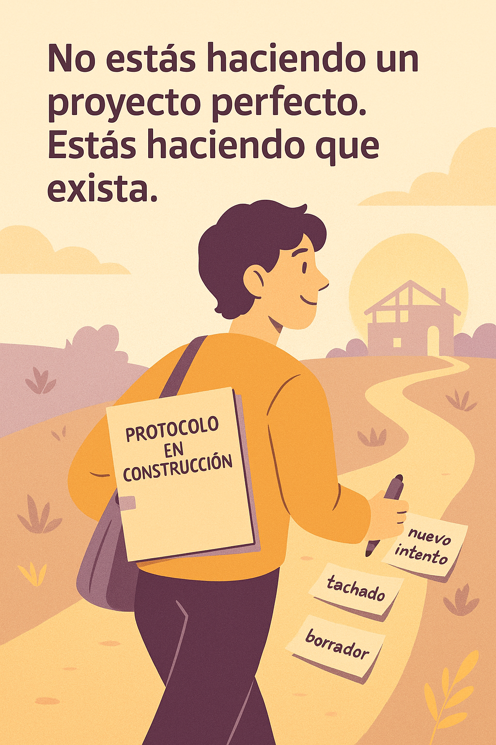 Persona caminando por un sendero al amanecer con carpeta “Protocolo en construcción” y hojas marcadas como borrador, tachado y nuevo intento.