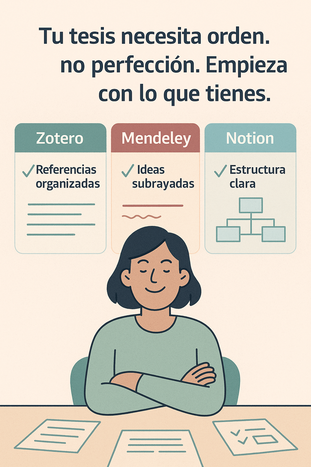 Estudiante revisando su panel de trabajo académico con Zotero, Mendeley y Notion integrados como un sistema único, mientras observa su progreso con serenidad.