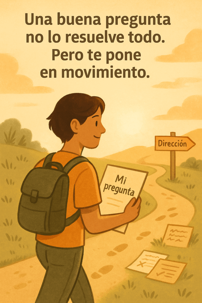 Persona caminando con una hoja titulada “Mi pregunta” en la mano, mientras avanza por un sendero con señales y papeles descartados a su paso.