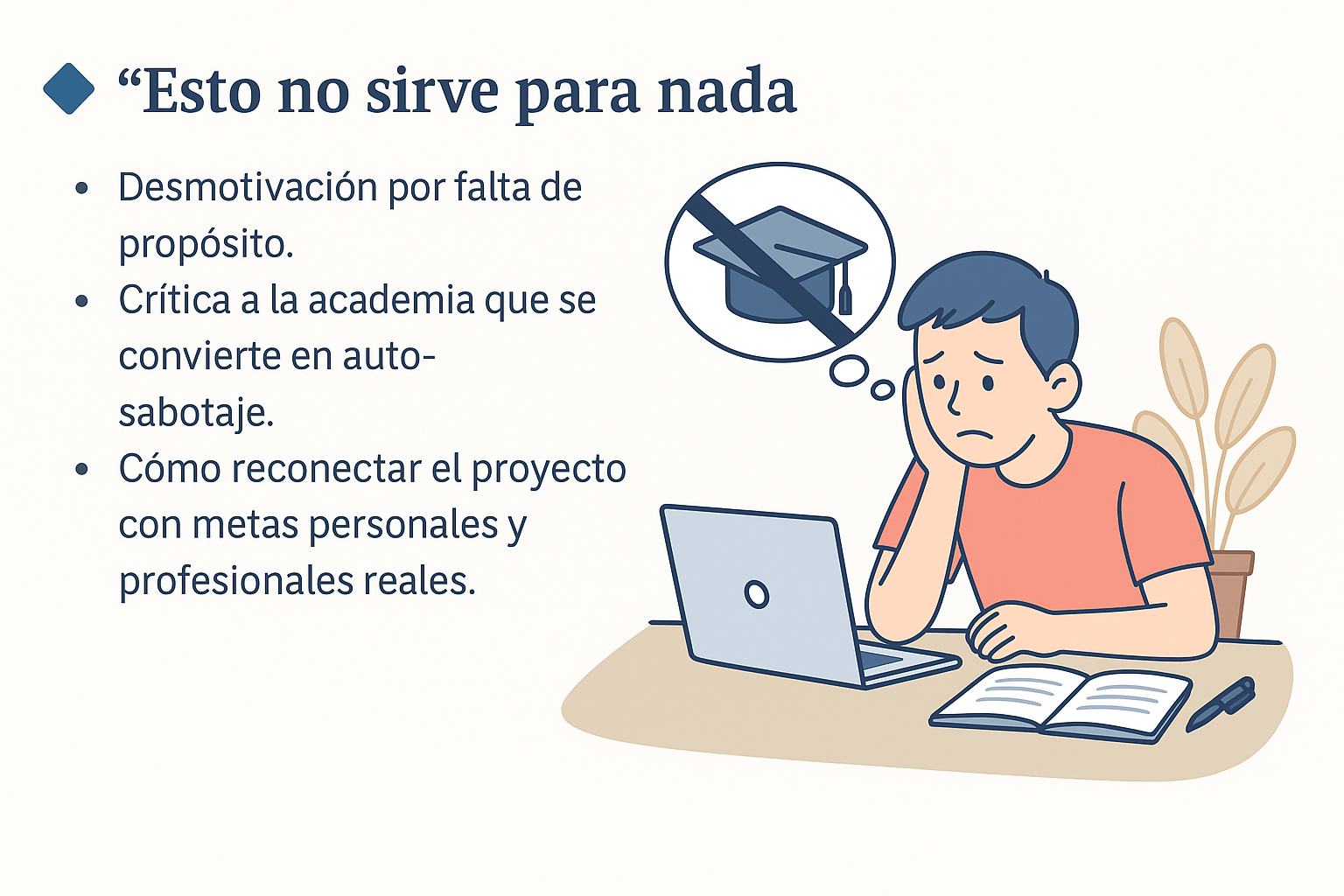 Estudiante desmotivado con mirada perdida frente a su laptop, rodeado de burbujas con pensamientos negativos.