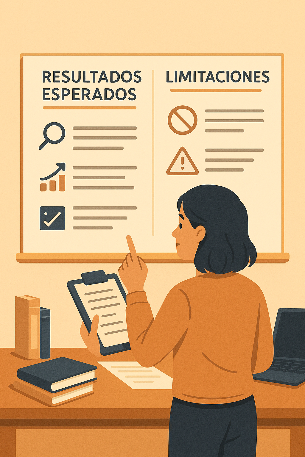 Estudiante frente a una pizarra dividida en dos secciones: “Resultados esperados” con gráficos y objetivos, y “Limitaciones” con bordes y señales de advertencia.