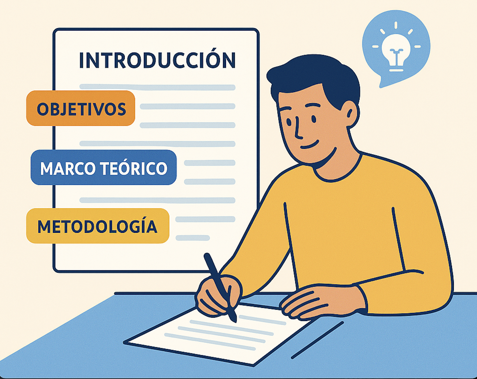 Persona joven escribiendo en laptop con íconos de secciones de un proyecto académico flotando alrededor (introducción, objetivos, metodología, cronograma).