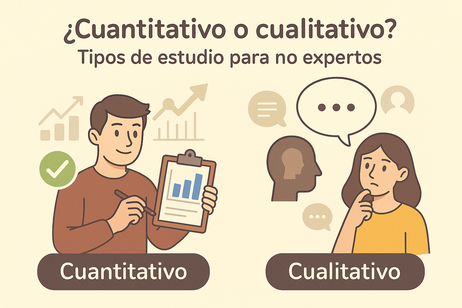 Ilustración educativa en español mostrando la diferencia entre estudios cuantitativos y cualitativos, representada con íconos de gráficas y diálogo, con estilo amigable y colores suaves.