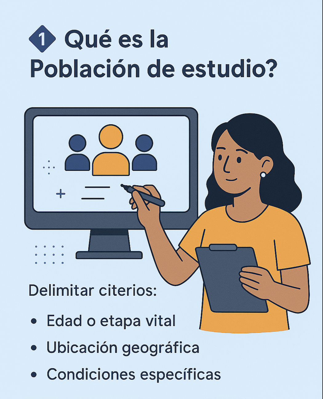 Ilustración educativa sobre cómo definir población, muestra e instrumentos en una investigación académica.