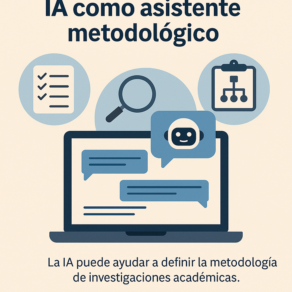 Ilustración digital que representa el uso de inteligencia artificial como asistente metodológico en proyectos académicos, con elementos como cerebro, laptop e iconos educativos.