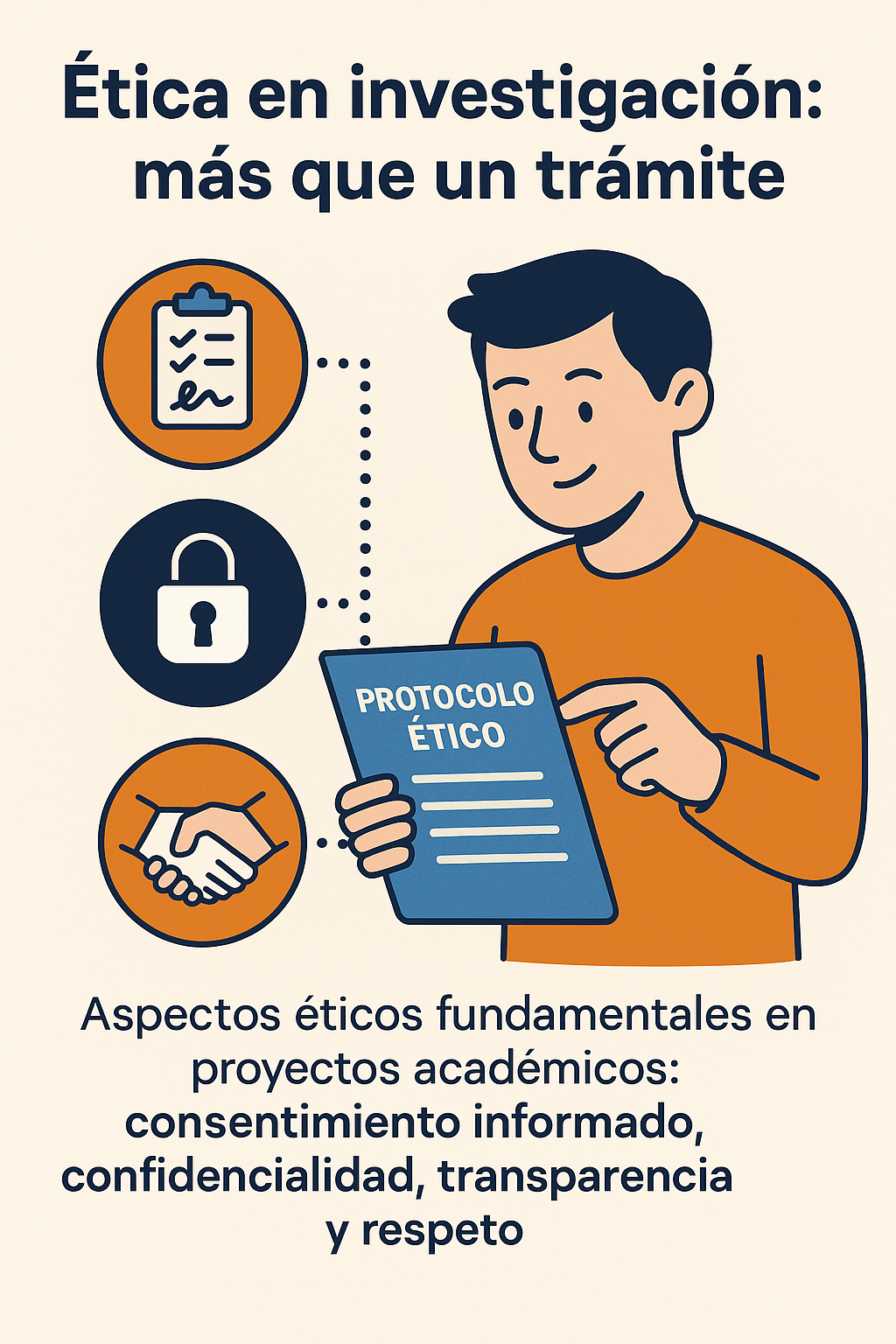 Ilustración digital estilo flat de un investigador sosteniendo un documento titulado “Protocolo Ético”, acompañado de íconos sobre consentimiento, confidencialidad y respeto en la investigación.