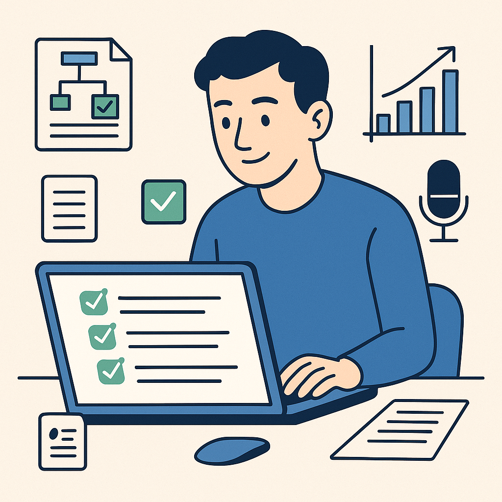 Persona revisando una checklist digital con íconos que representan estructura, estilo, referencias, formato y presentación de tesis.