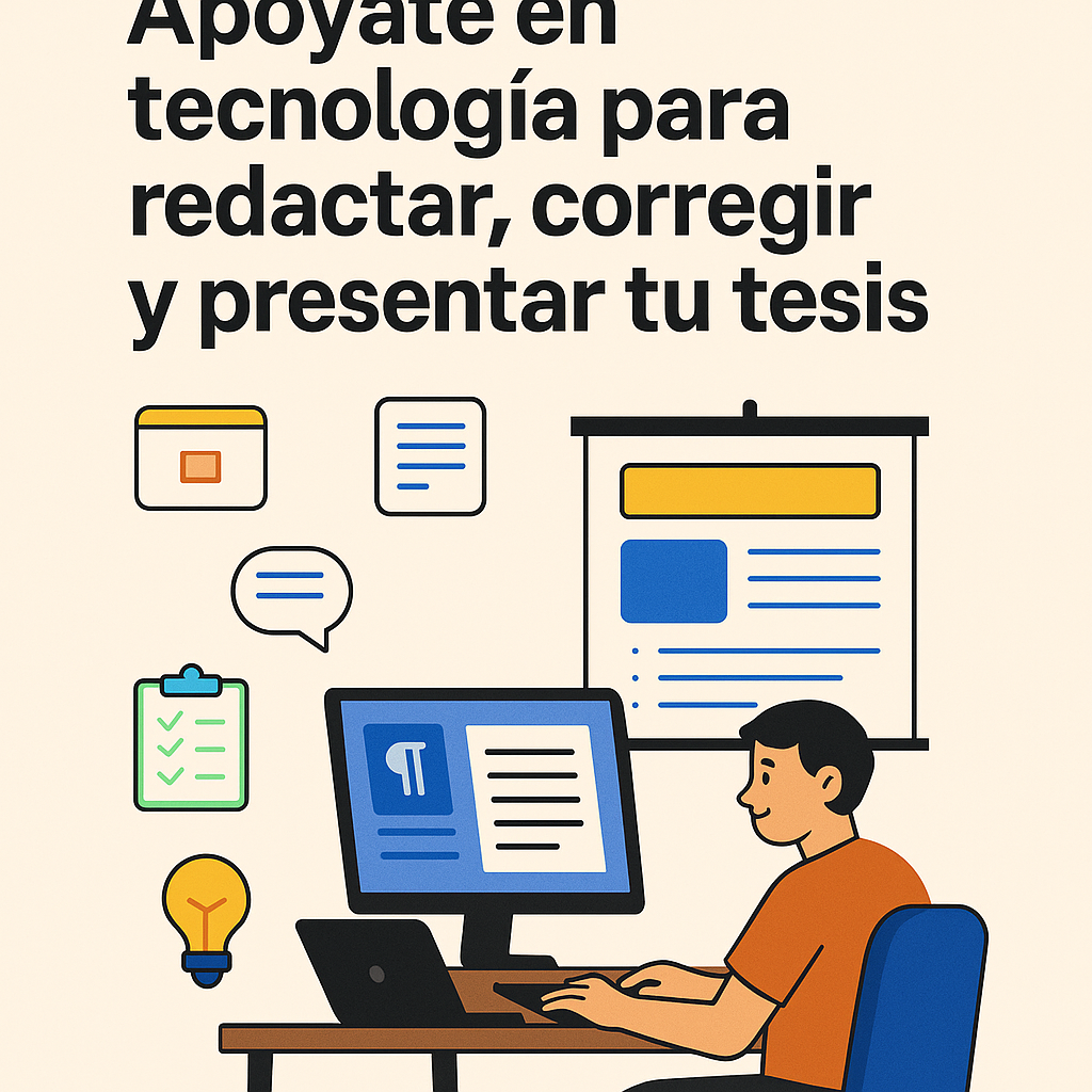 Estudiante organizando y presentando su tesis con ayuda de herramientas digitales e IA en una ilustración plana.
