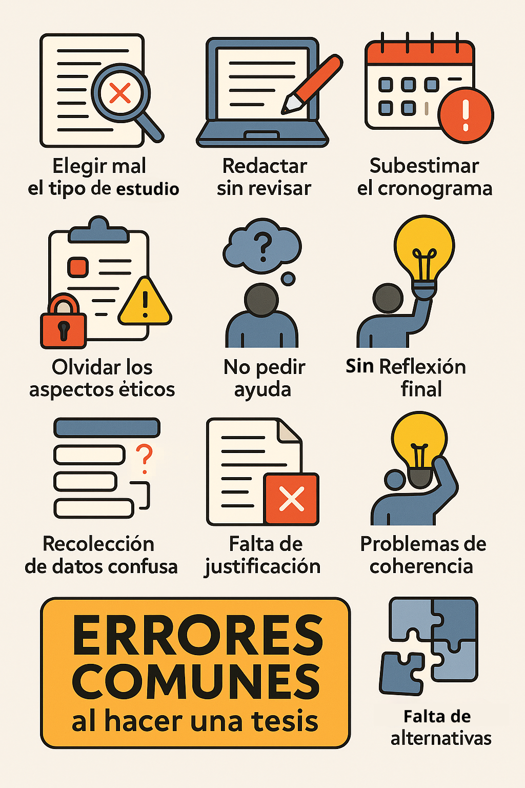Infografía en estilo plano que ilustra errores comunes al hacer una tesis, con íconos representando problemas como “Elegir mal el tipo de estudio”, “Redactar sin revisar”, “Subestimar el cronograma”, entre otros.