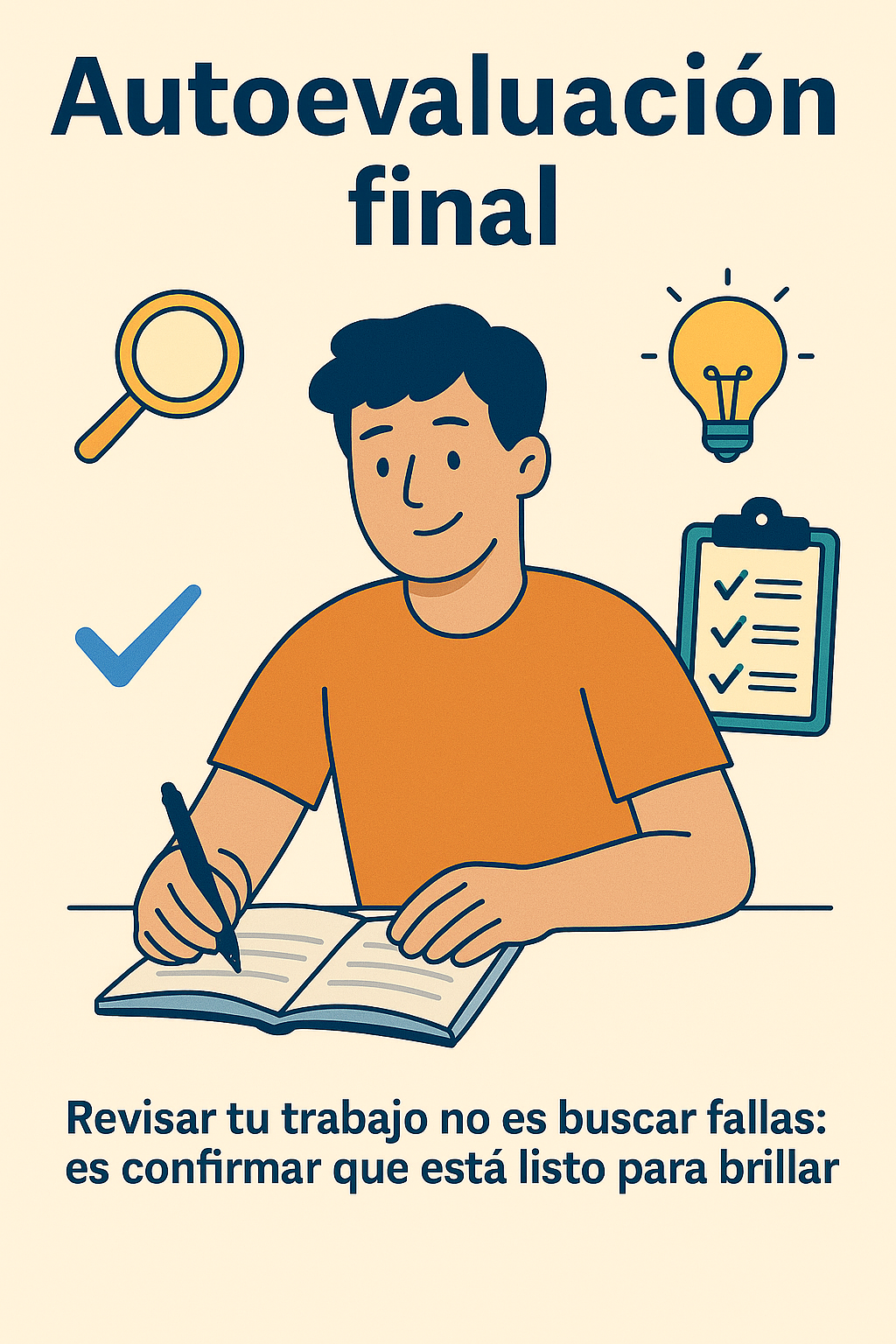 Estudiante sonriente escribiendo en un cuaderno, rodeado de íconos como una lupa, un foco de idea, una lista de verificación y un check azul.