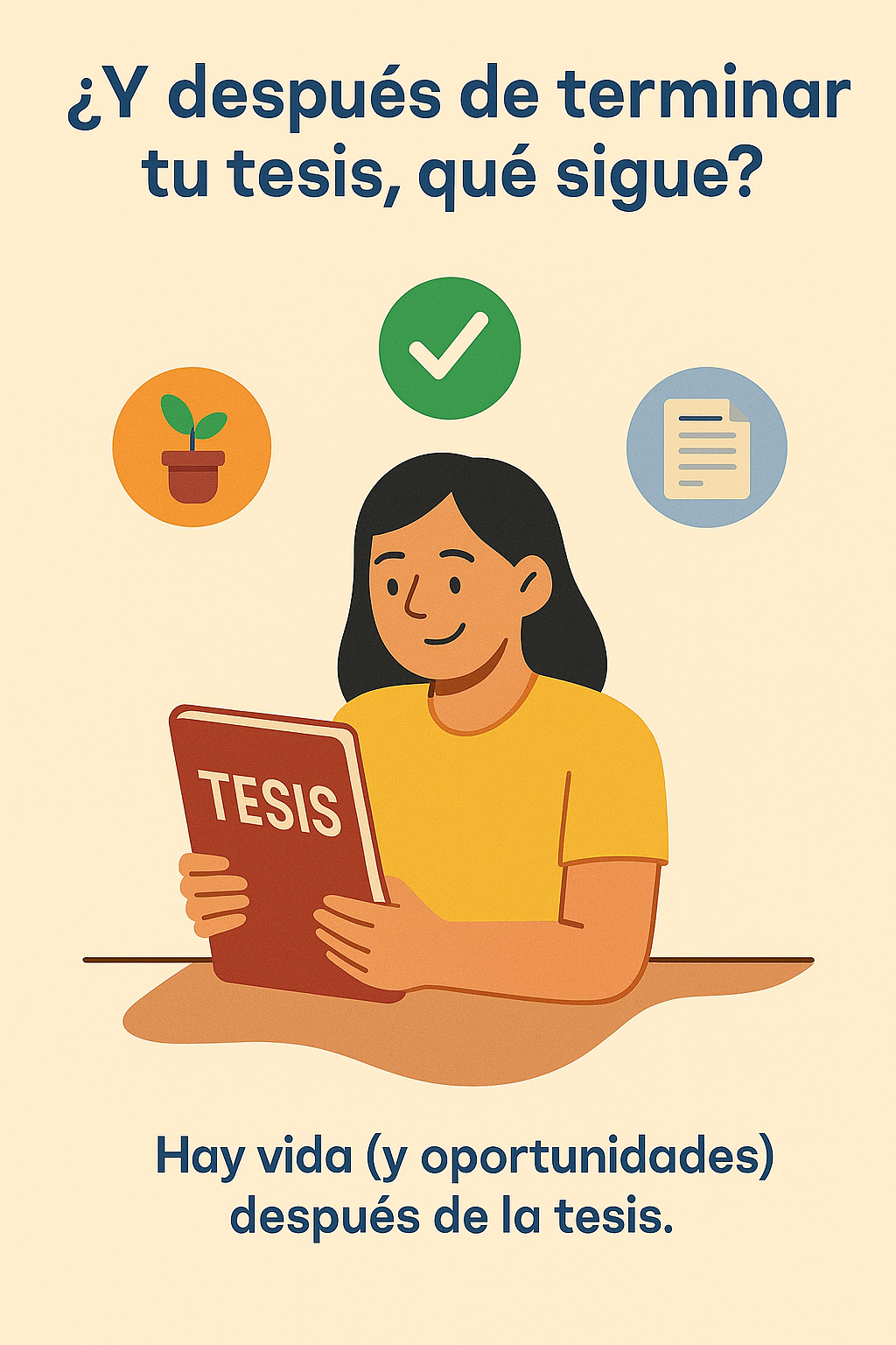 Estudiante sonriente sostiene un libro titulado “TESIS”, rodeada de íconos que representan crecimiento, validación y producción académica.